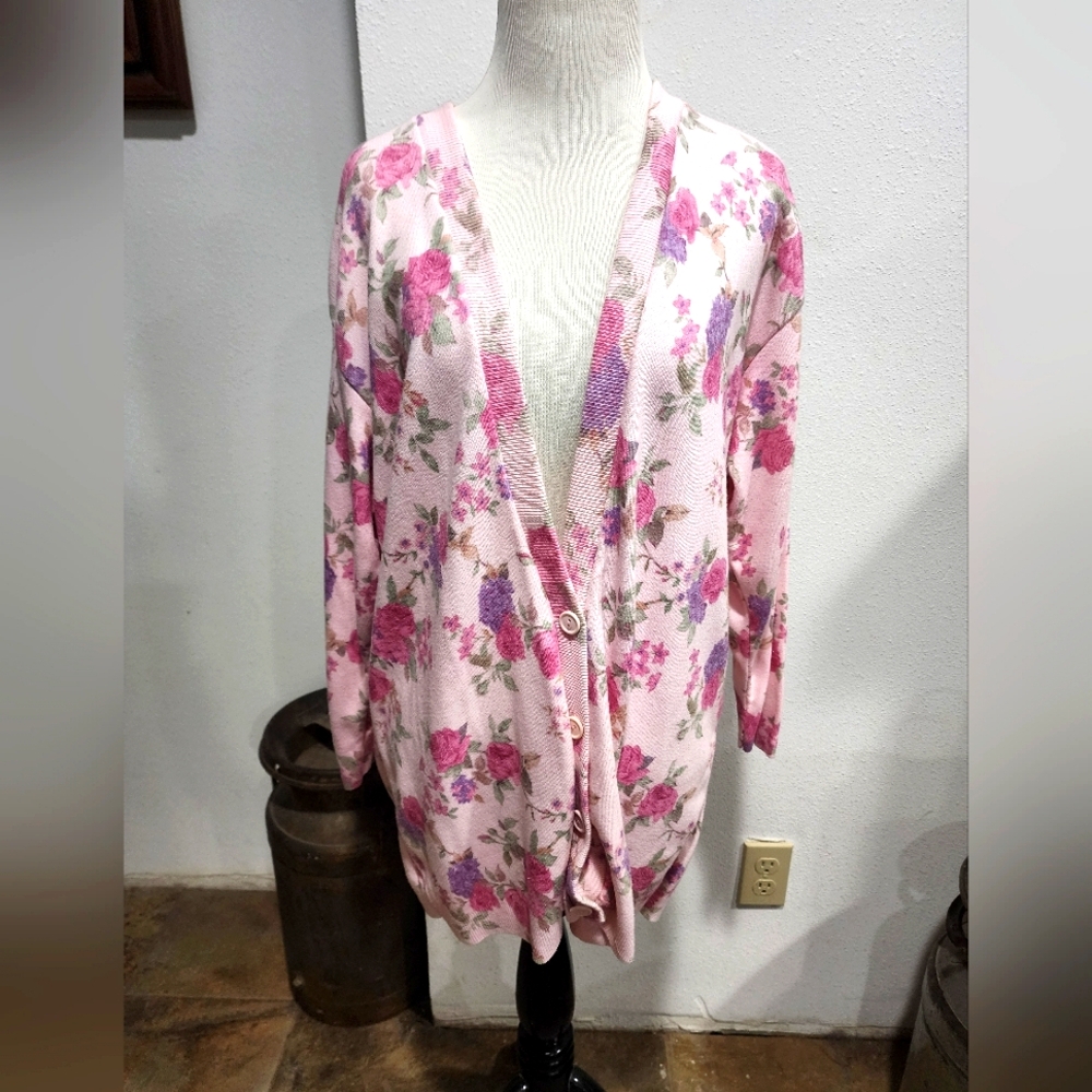 Diversity Pink Floral Flower Cardigan Sweater Sz Large Olivia Rose Petite USA